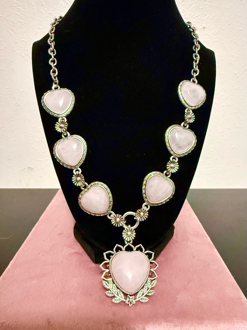 Silver Toned Rose Quartz Statement Necklace